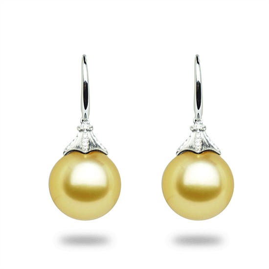 Golden South Sea Pearl Lantern Earrings with Diamonds Golden South Sea Pearl Lantern Earrings with Diamonds