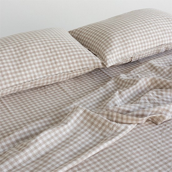 A&C Flax Linen Flat Sheet - Natural Small Gingham