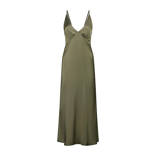 Fern olive silky satin long chemise