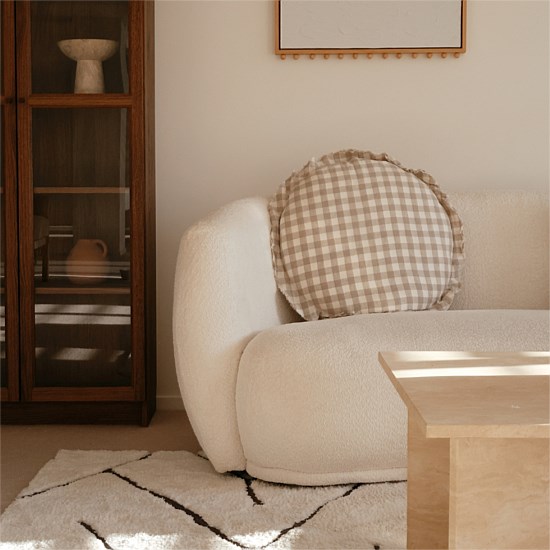 100% Flax Linen Round Feather Filled Cushion- Natural Gingham