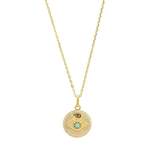 Blue Created Opal Evil Eye Medallion Gold