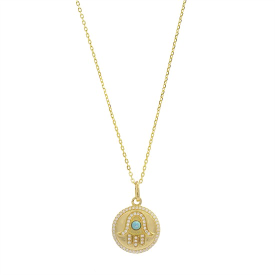 Blue Created Opal Hamsa Medallion Gold