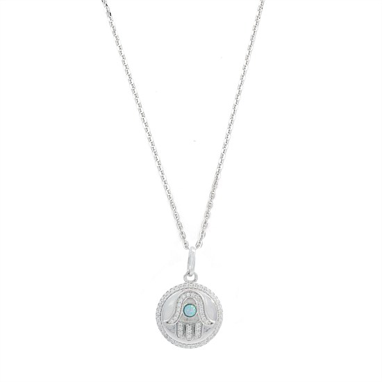 Blue Created Opal Hamsa Medallion Silver