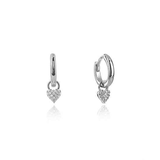 Sparkly Heart Mini Drop Hoops - Silver