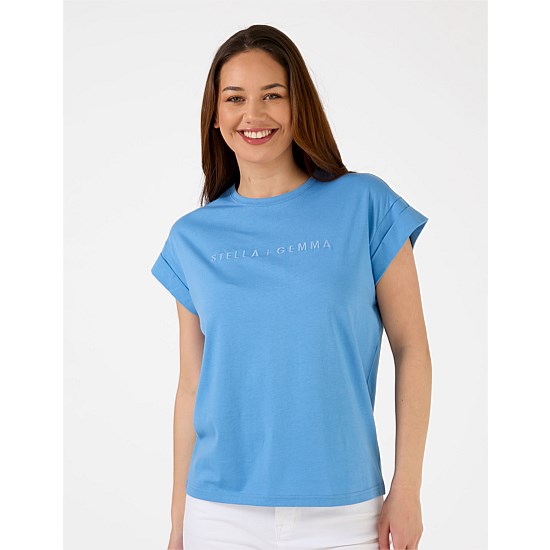 Cuff Sleeve T-Shirt Sky Embroided Logo