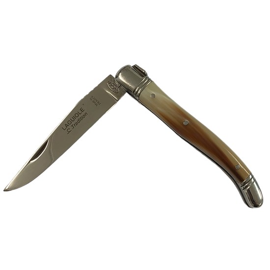Pocket Knife with 12cm Blade, Blonde Cow Horn Handle and Leather Pouch