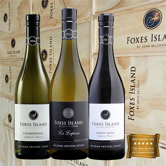 A Trio of Foxes Island Estate Wines in a wood box