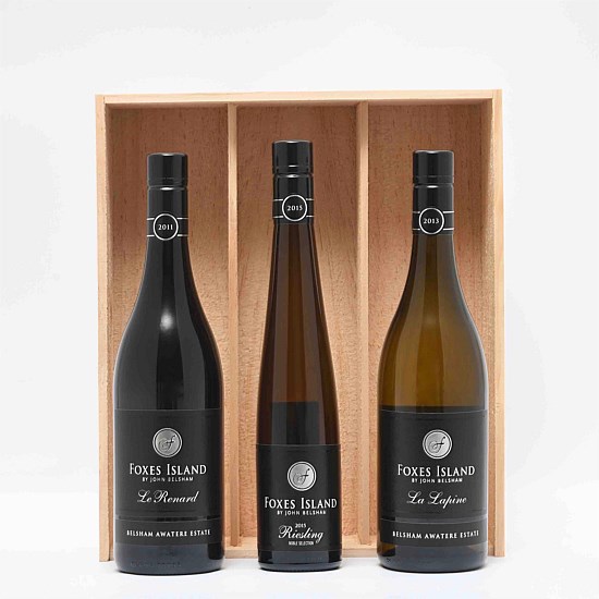 A Trio of Foxes Island Icon Wines in a wood box