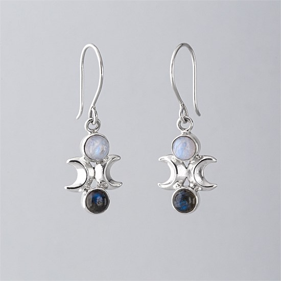 Moon Phase Earrings in Sterling Silver with Labradorite and Rainbow Moonstone