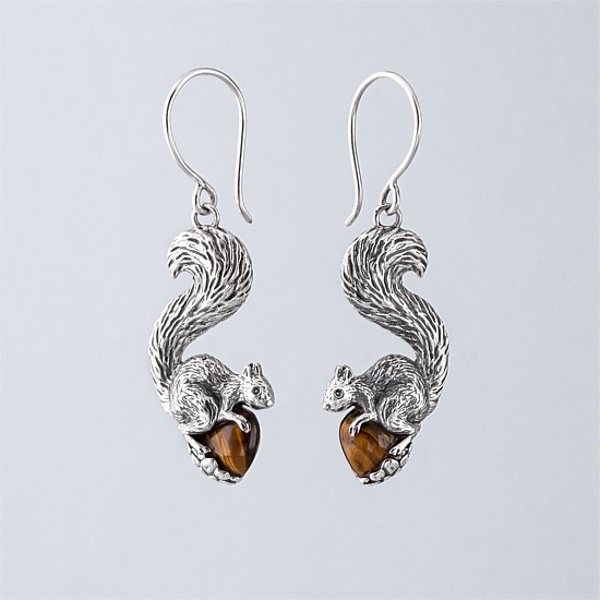 Squirrel Earrings in Sterling Silver with Tigers Eye
