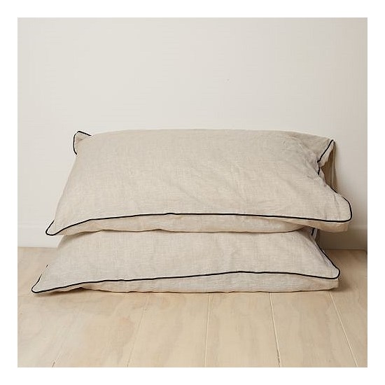 100% French Linen Piped Pillowcase Pair- Natural Oat/ Black