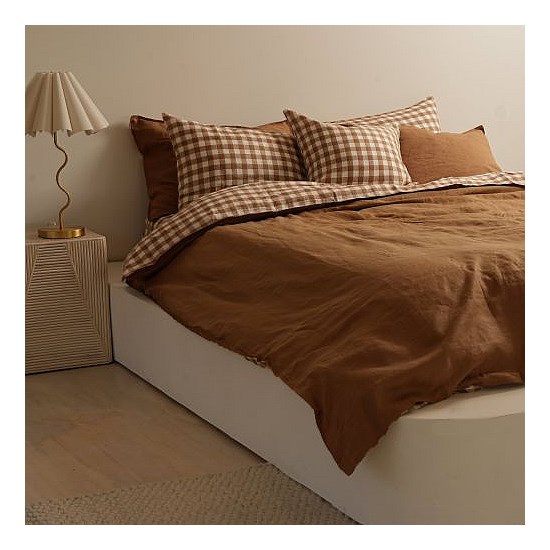 100% French Flax Linen Reversible Duvet Cover Set - Ginger Gingham