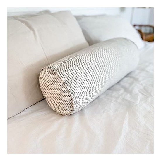 100% French Flax Linen Feather filled Bolster Cushion- Charcoal Pinstripe
