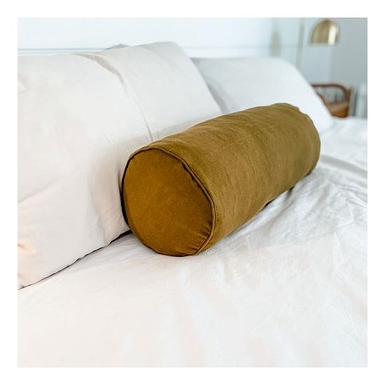 100% French Flax Linen Feather filled Bolster Cushion- Khaki