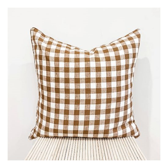 100% French Flax Linen Feather filled Cushion- Ginger Gingham