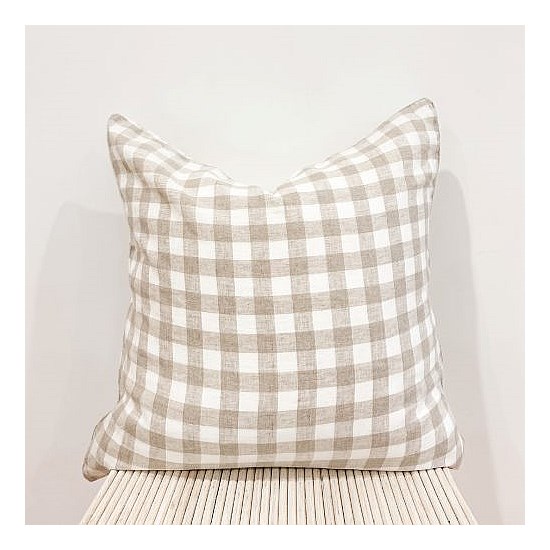 100% French Flax Linen Feather filled Cushion- Natural Gingham