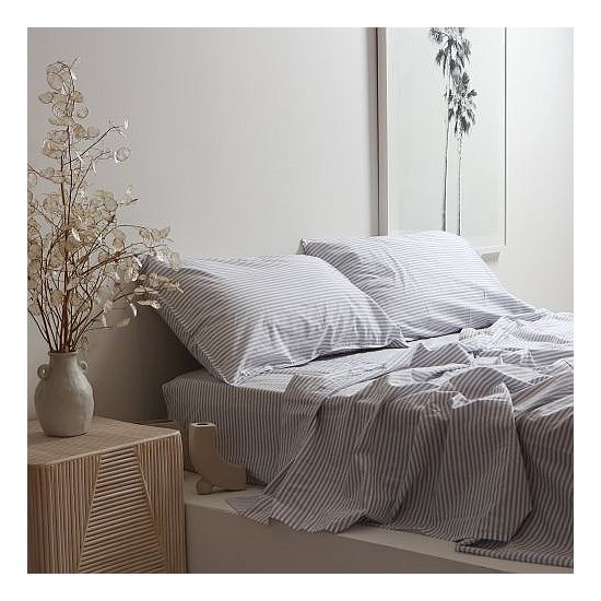 100% Stonewashed Cotton Sheet Set- Wide Light Grey Stripe