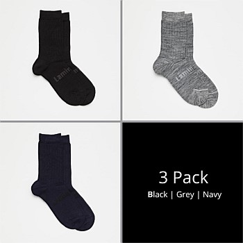 Merino Wool Plain Crew Socks - Pack of 3