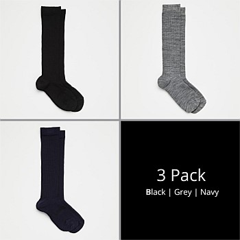 Merino Wool Plain Knee High Socks - Pack of 3