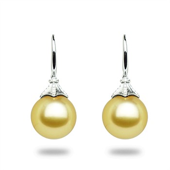 Golden South Sea Pearl Lantern Earrings with Diamonds