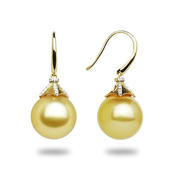 Golden South Sea Pearl Lantern Earrings with Diamonds