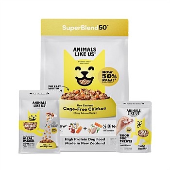 SuperBlend50 Chicken & Salmon Dog Food + Topper + Treats Bundle