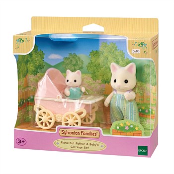 Floral Cat Father & Baby's Carriage Set