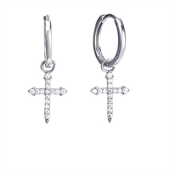 Cross Hoop Earrings - Silver