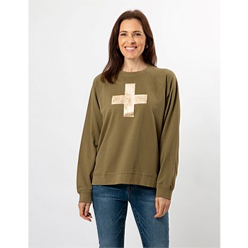 Everyday Sweater Olive Gold Glitter Cross