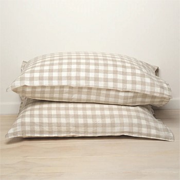 100% French Flax Linen Pillowcase Pair- Natural Gingham