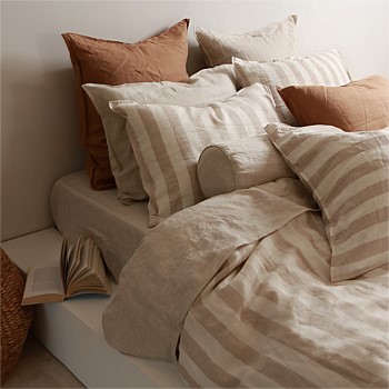 100% French Flax Linen Duvet Cover Set - Wide Natural Stripe