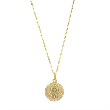 Blue Created Opal Hamsa Medallion Gold