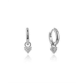 Sparkly Heart Mini Drop Hoops - Silver