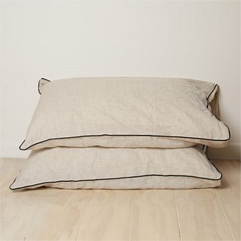 100% French Linen Piped Pillowcase Pair- Natural Oat/ Black