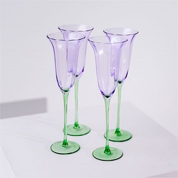 Fleur Champagne Flute- Set of 4- Green/Lilac