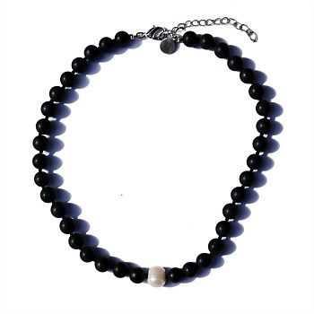 Black Onyx, Pearl & Silver Necklace